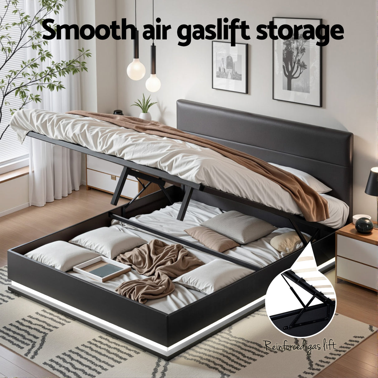 Montalcino Queen Gas Lift Bed Frame, Black