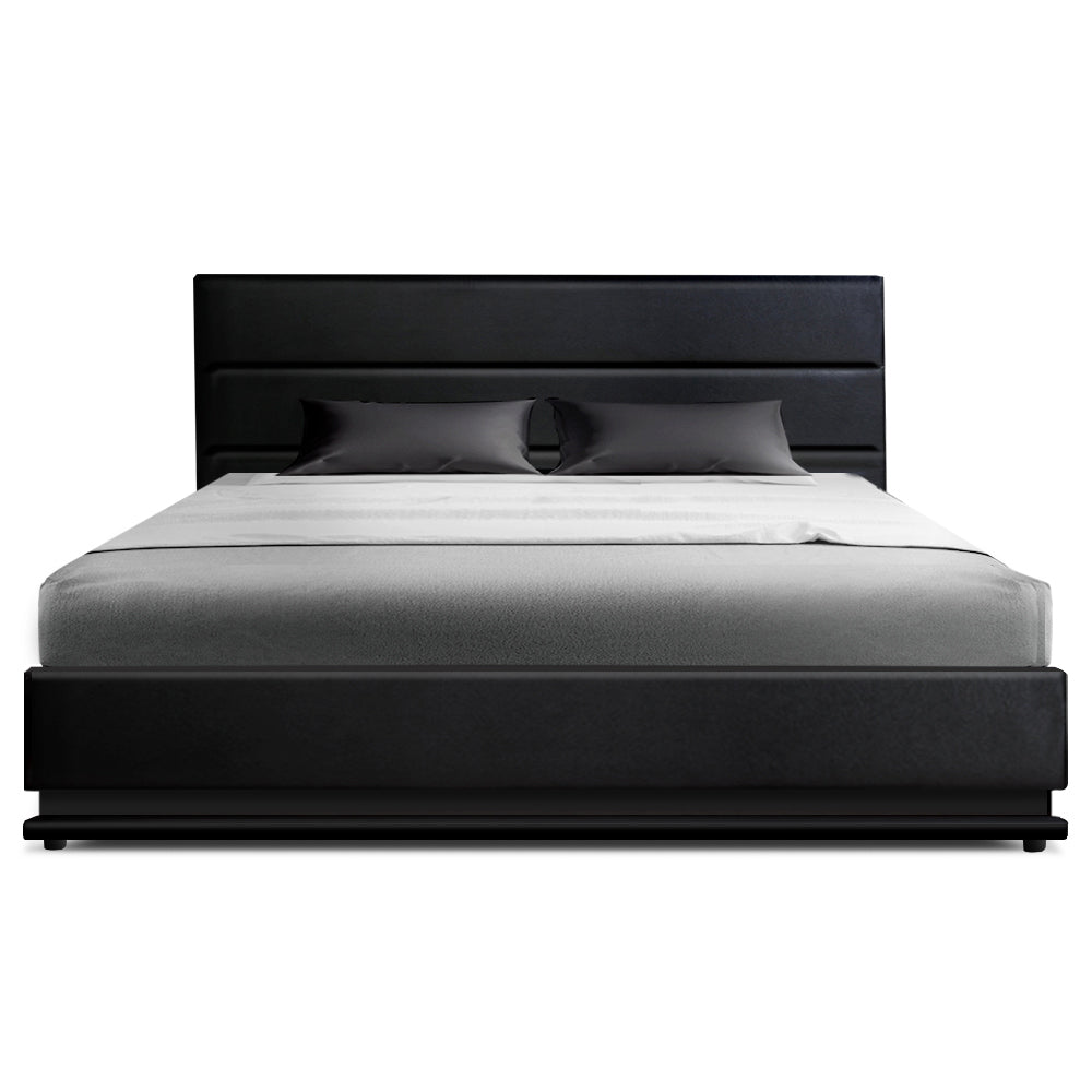 Artiss LUMI black gas lift bed frame open showing hidden storage — Allure Home Collections