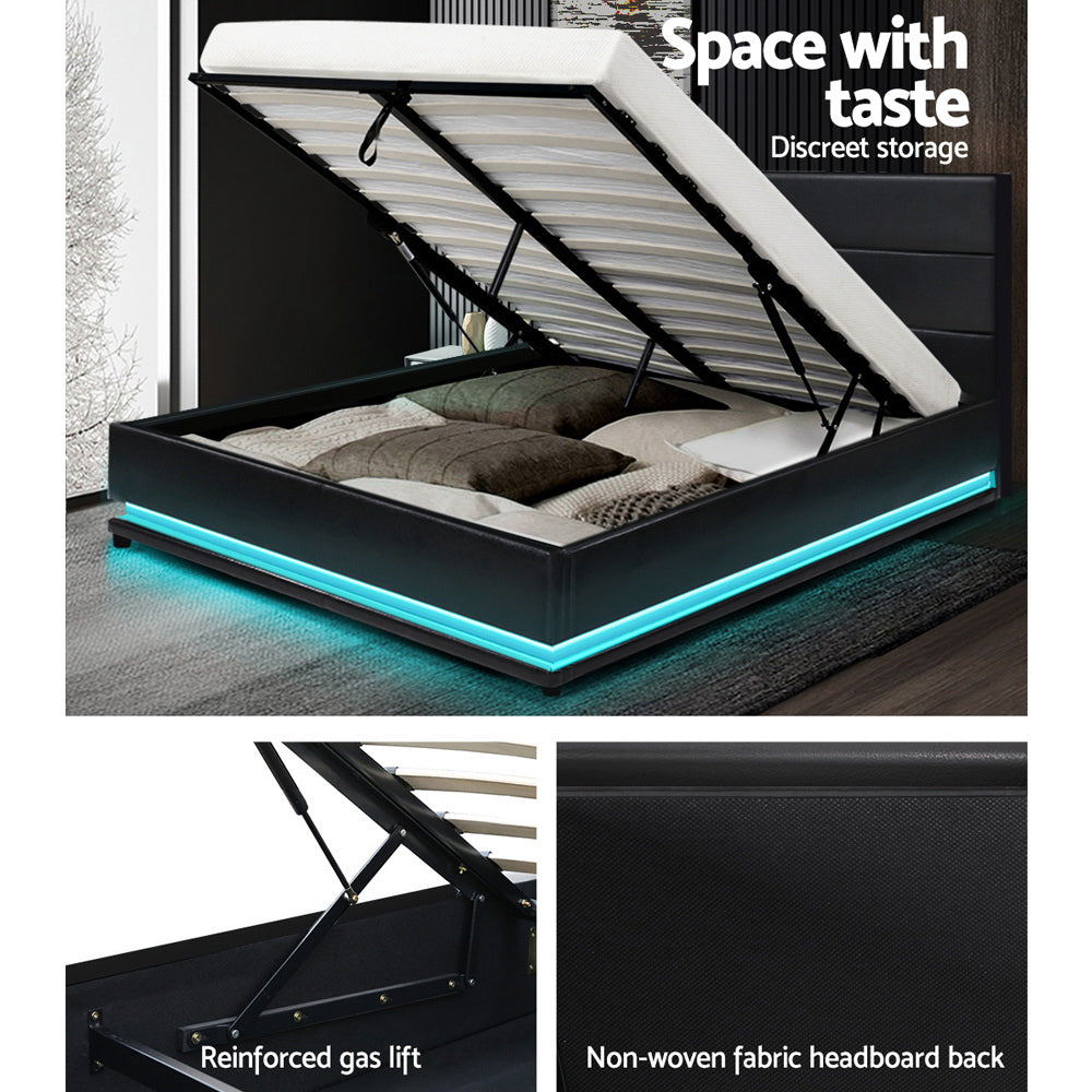 Artiss LUMI black bed frame side view showing storage compartment depth — Allure Home Collections