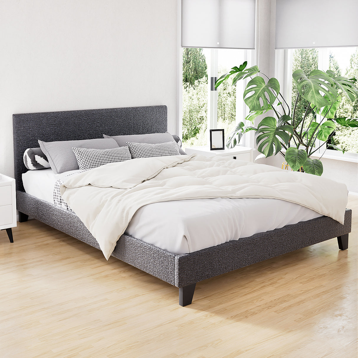 Livorno Charcoal Queen bed frame in a modern bedroom