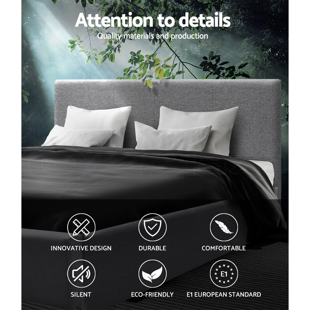 Artiss NINO grey double gas lift bed frame styled in bedroom — Allure Home Collections