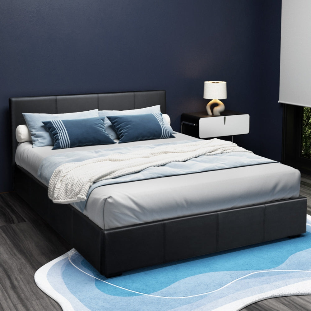 Artiss NINO queen gas lift bed frame in black PU leather — full front view — Allure Home Collections