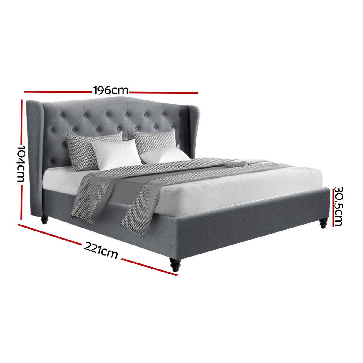 Artiss PIER grey king bed frame side profile showing wing silhouette — Allure Home Collections