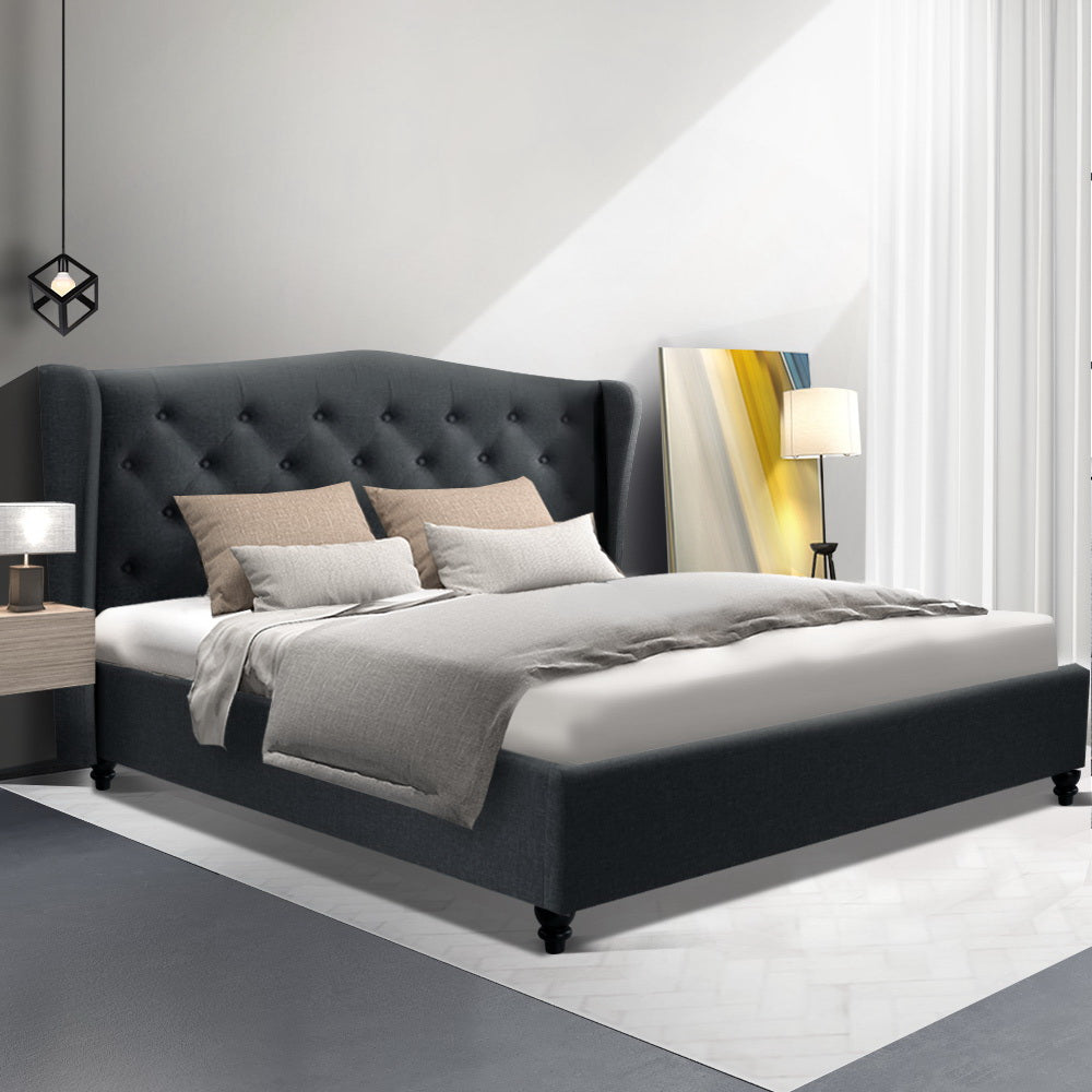 Artiss PIER queen bed frame in charcoal with French provincial wing headboard — full view — Allure Home Collections