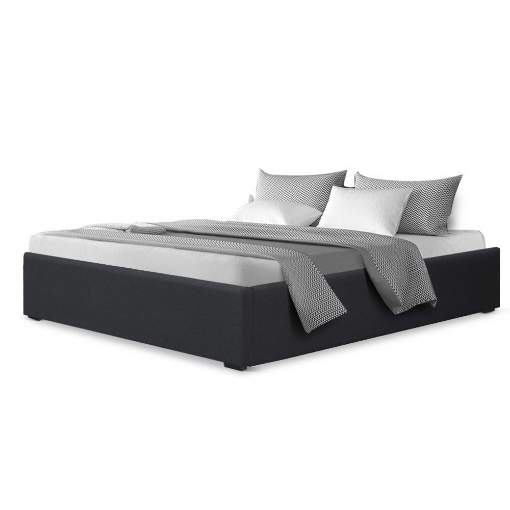Artiss TOKI charcoal gas lift double bed frame open showing hidden storage — Allure Home Collections