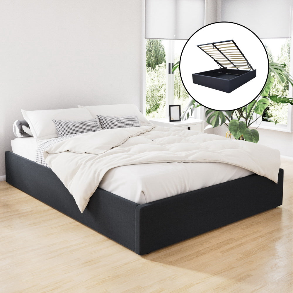 Artiss TOKI double gas lift bed frame in charcoal linen — full front view — Allure Home Collections
