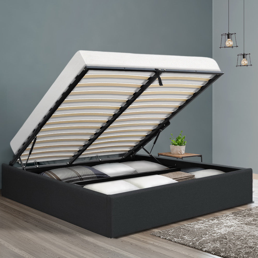 Artiss TOKI queen charcoal gas lift bed frame side profile — Allure Home Collections