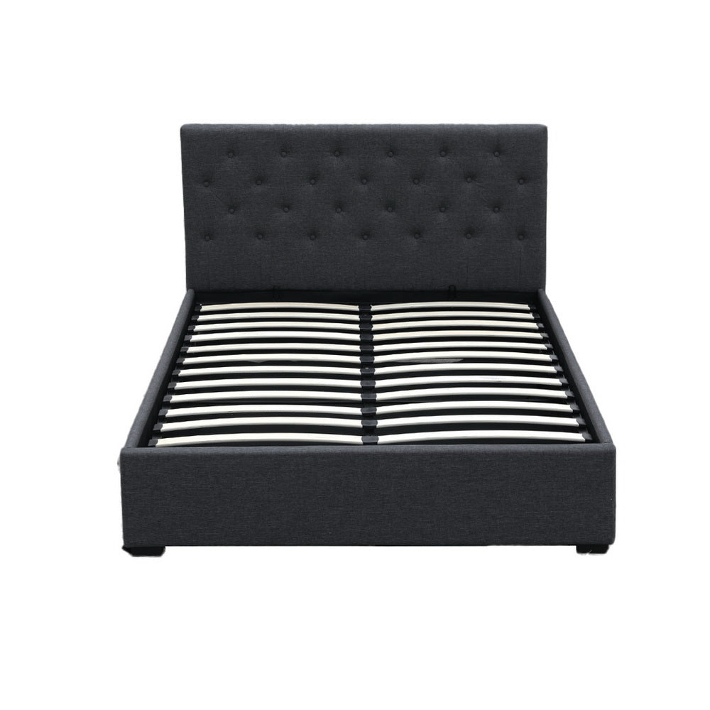 Artiss VILA charcoal gas lift double bed frame open showing hidden storage — Allure Home Collections