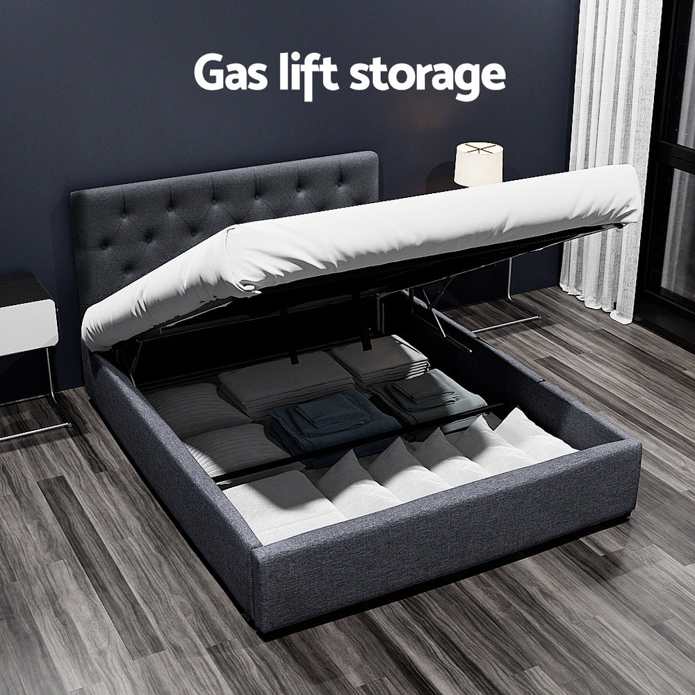 Artiss VILA charcoal double gas lift bed frame styled in bedroom — Allure Home Collections