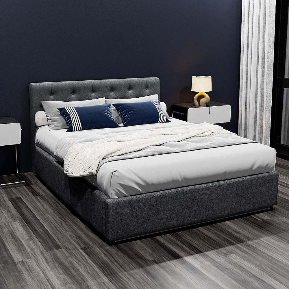 Artiss VILA double charcoal gas lift bed frame showing 300kg capacity — Allure Home Collections