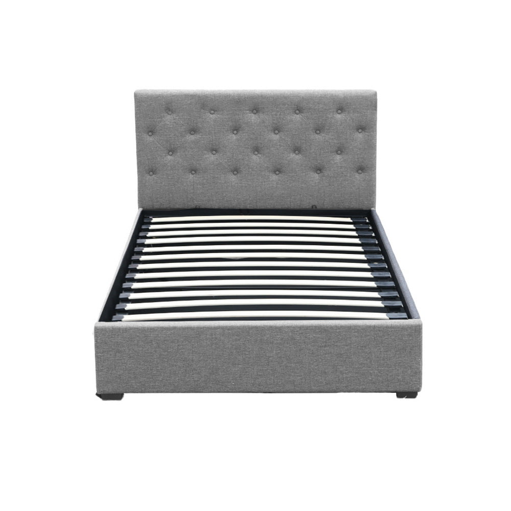 Artiss VILA grey king single gas lift bed frame styled in bedroom — Allure Home Collections