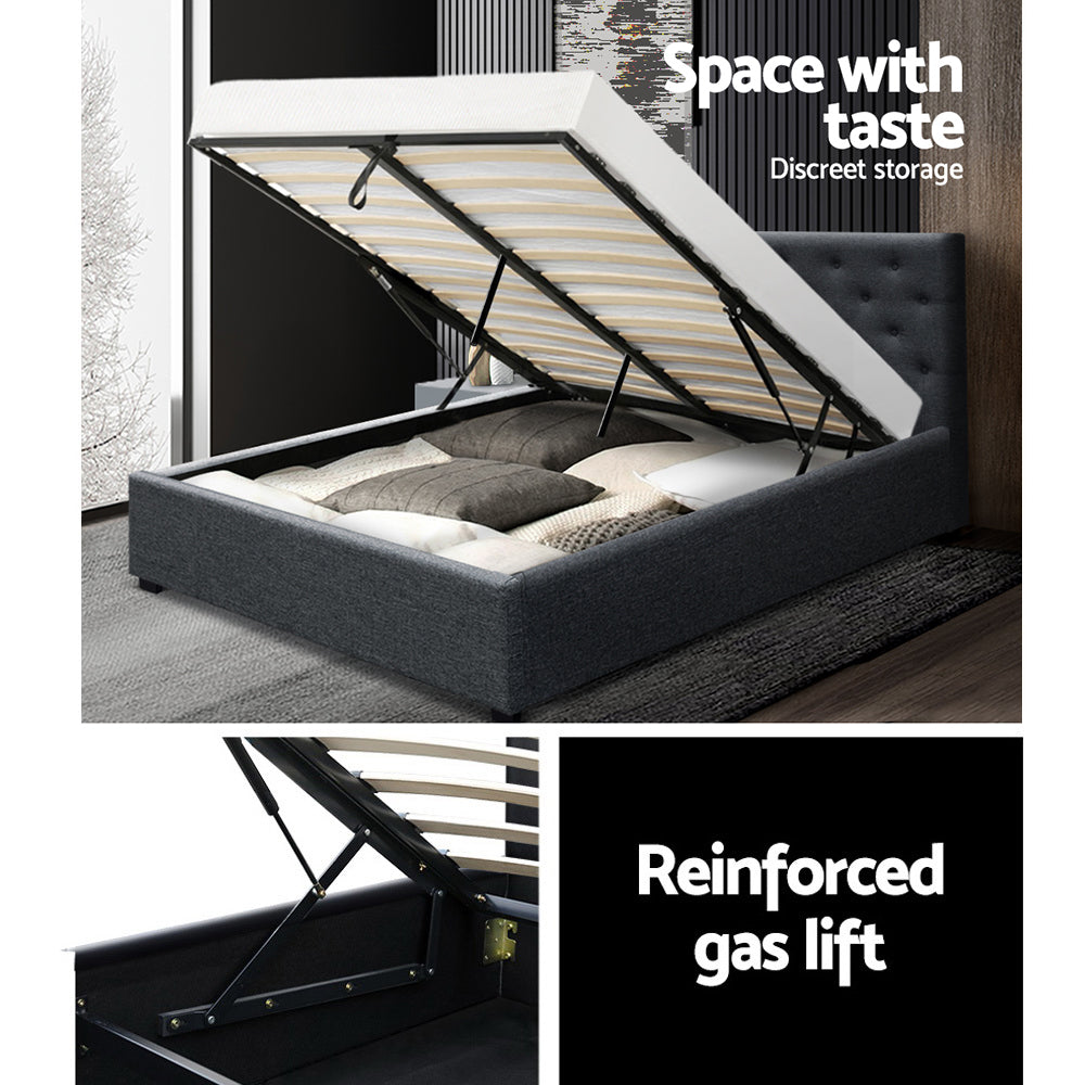 Artiss VILA queen charcoal gas lift bed frame side profile — Allure Home Collections