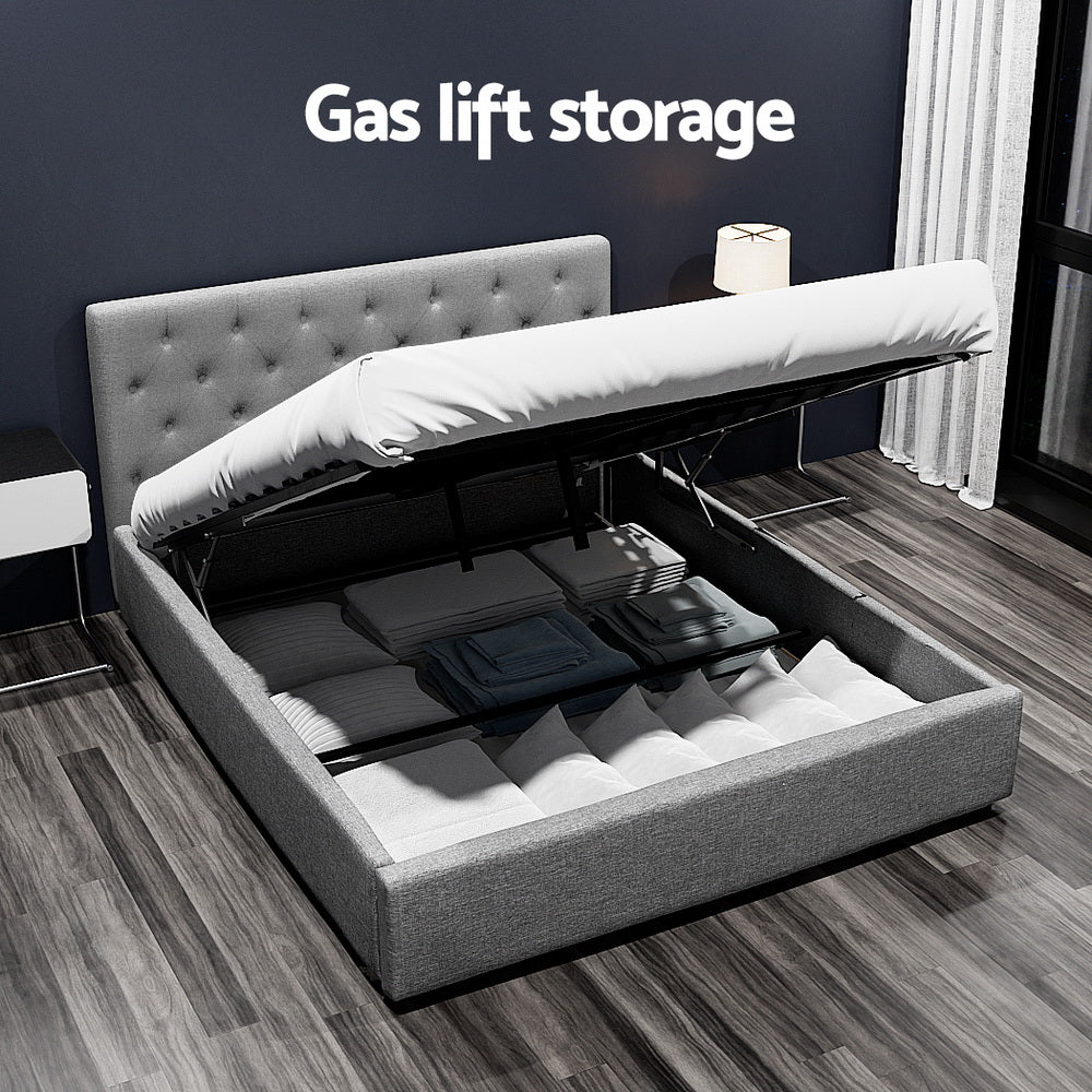 Artiss VILA gas lift bed frame open showing hidden storage — Allure Home Collections