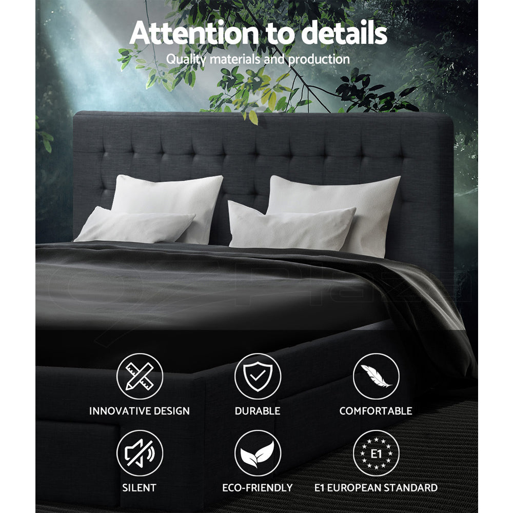 Artiss AVIO queen charcoal storage bed frame side view — Allure Home Collections