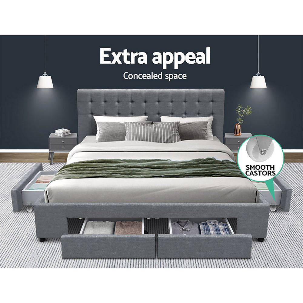 Artiss AVIO grey queen storage bed frame side view — Allure Home Collections