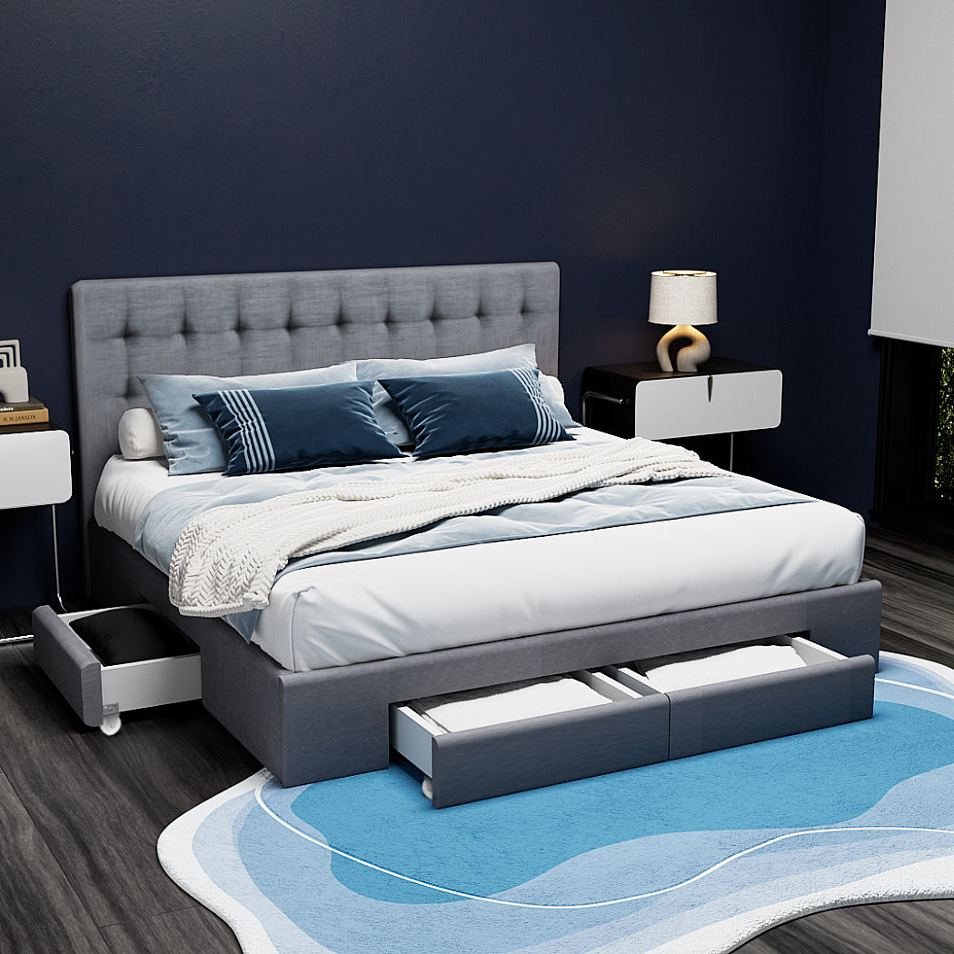 Forli grey Queen bed frame in a modern bedroom