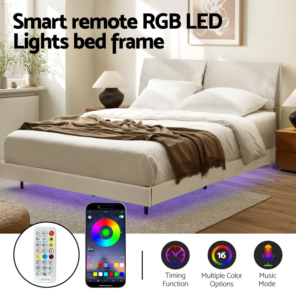 Artiss DAYLIGHT double beige floating RGB LED bed frame styled in bedroom — Allure Home Collections