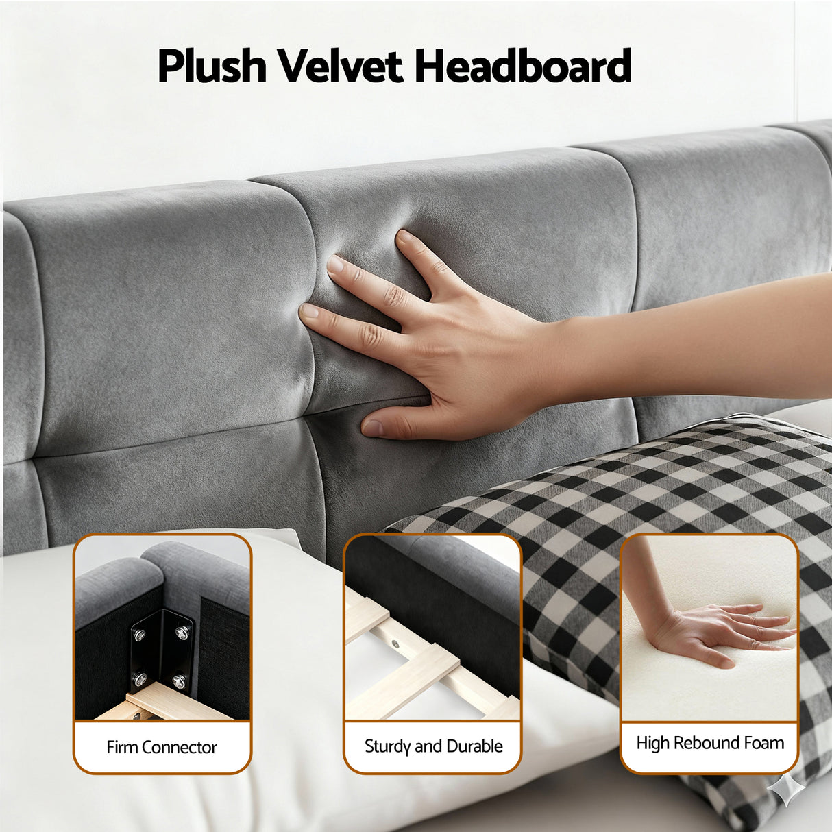 Carmel Queen Velvet Bed, Grey, view 5