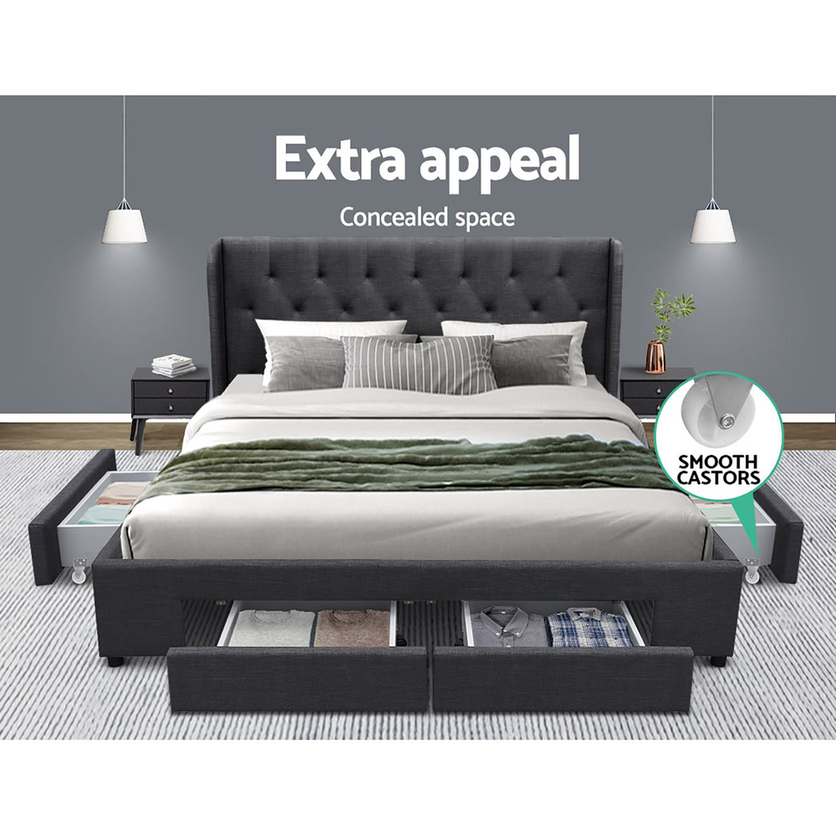 Artiss MILA bed frame showing 4 drawer storage open — Allure Home Collections