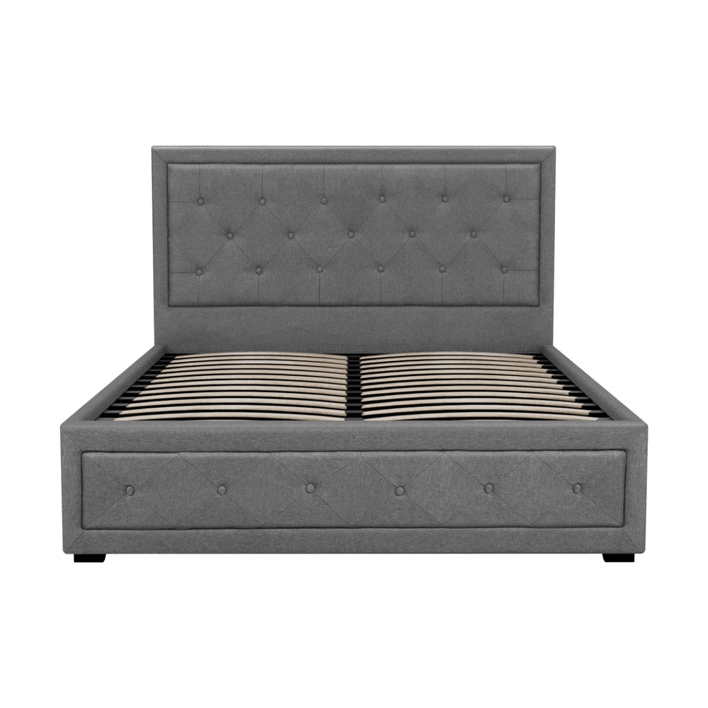 Artiss TIYO grey gas lift double bed frame open showing hidden storage — Allure Home Collections