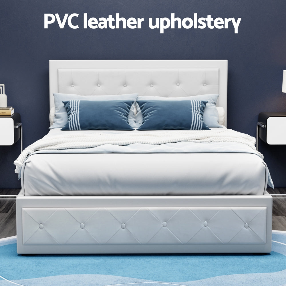 Artiss TIYO double white PVC gas lift bed frame side profile — Allure Home Collections