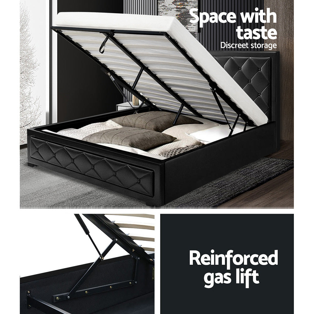 Artiss TIYO black double gas lift bed frame styled in bedroom — Allure Home Collections
