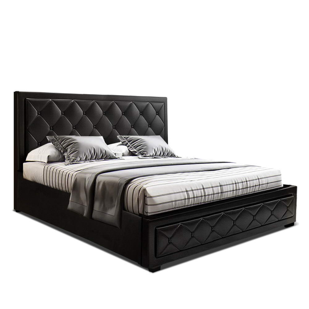 Artiss TIYO black gas lift queen bed frame showing 300kg capacity — Allure Home Collections