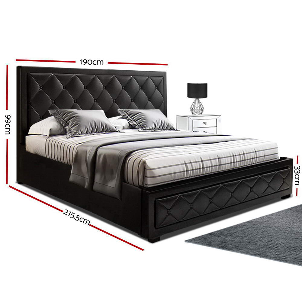 Artiss TIYO bed frame black tufted PVC leather headboard close-up — Allure Home Collections