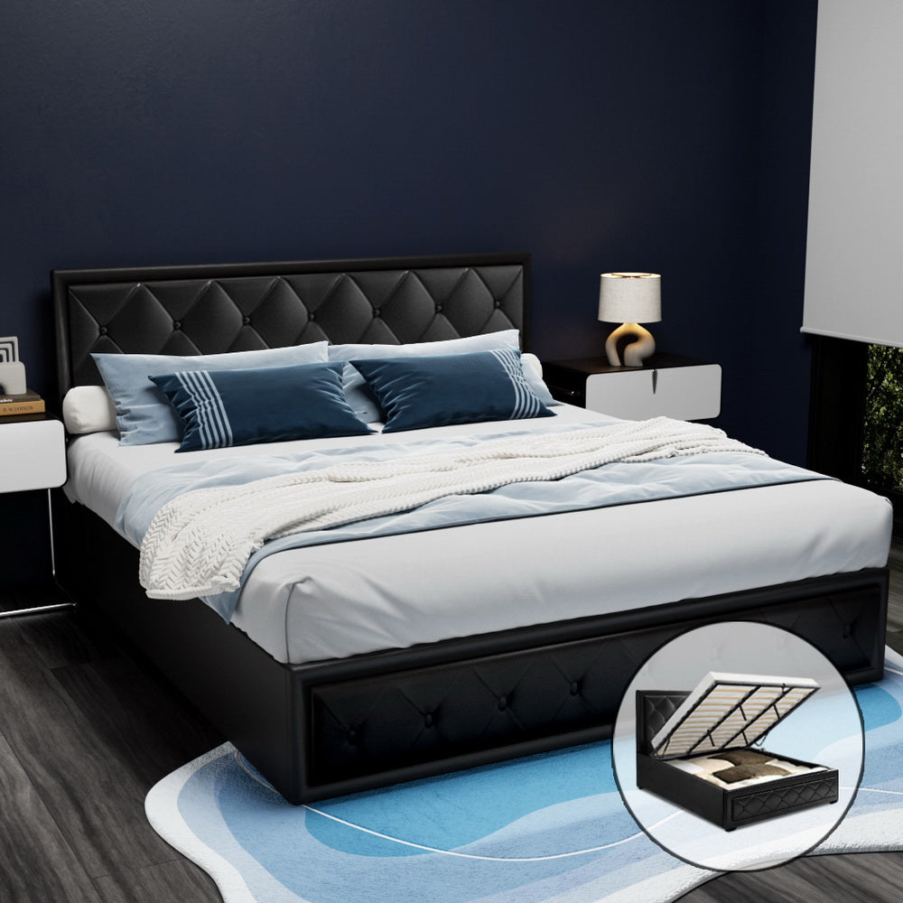 Artiss TIYO king gas lift bed frame in black PVC leather — full front view — Allure Home Collections