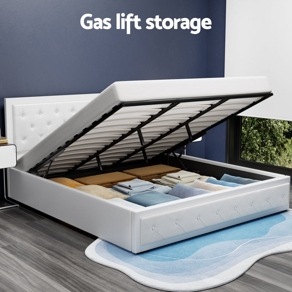 Artiss TIYO king gas lift bed frame in white PVC leather — full front view — Allure Home Collections