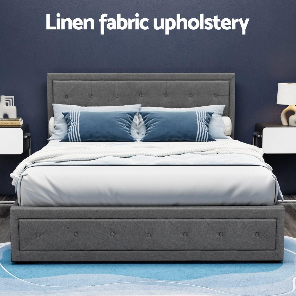 Artiss TIYO grey gas lift bed frame from foot end — Allure Home Collections