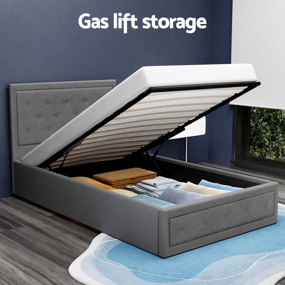 Artiss TIYO grey king single gas lift bed frame styled in bedroom — Allure Home Collections