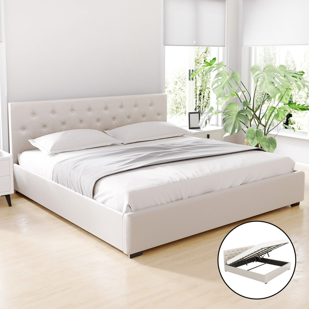 Cesena beige King bed frame in a modern bedroom