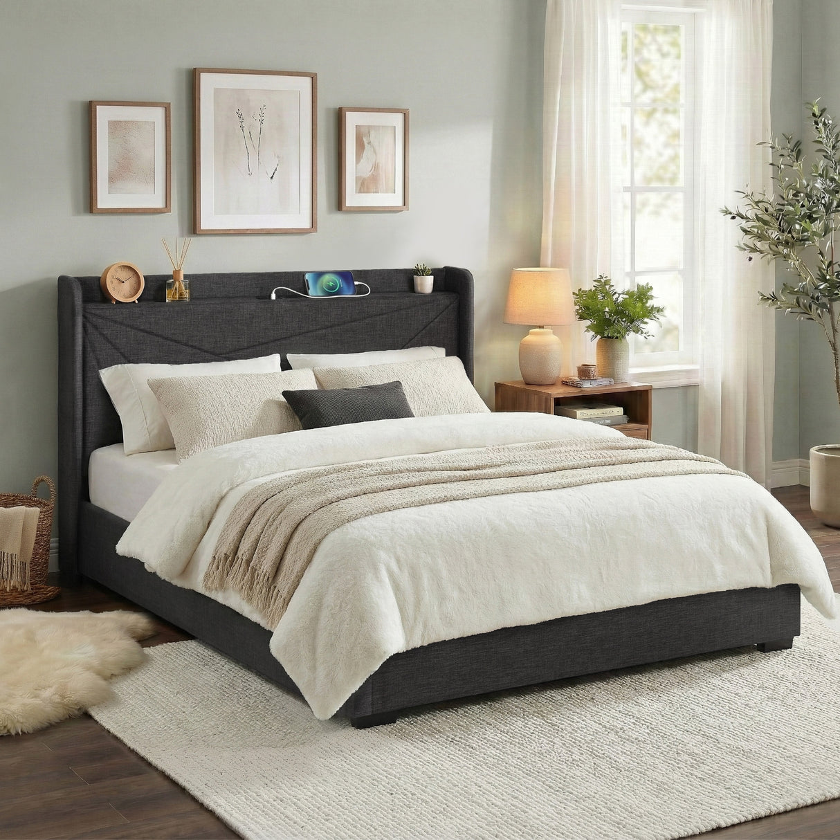 Padua charcoal grey King bed frame in a modern bedroom