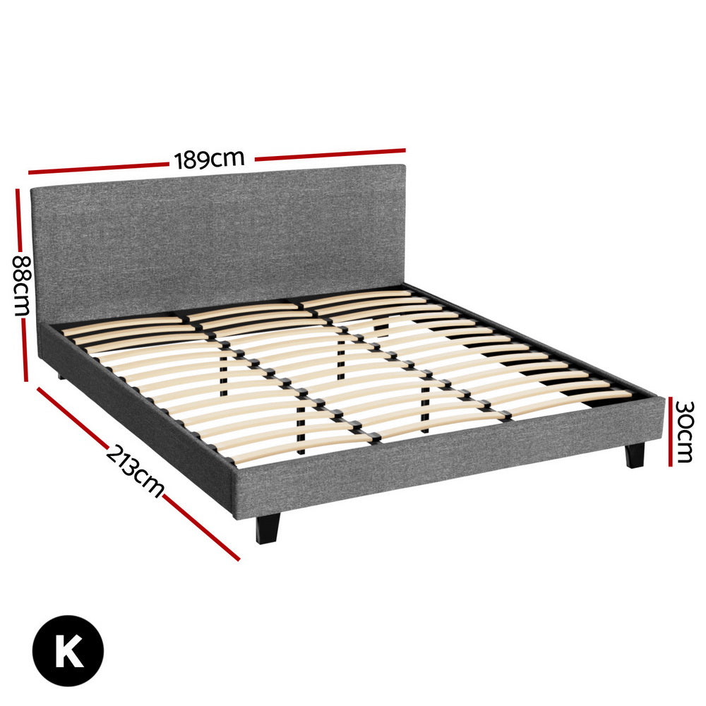 Artiss NEO bed frame headboard close-up showing grey faux linen upholstery — Allure Home Collections