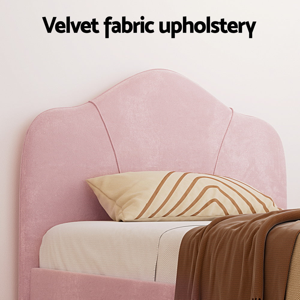 Artiss OLAN king single pink velvet bed frame side profile — Allure Home Collections
