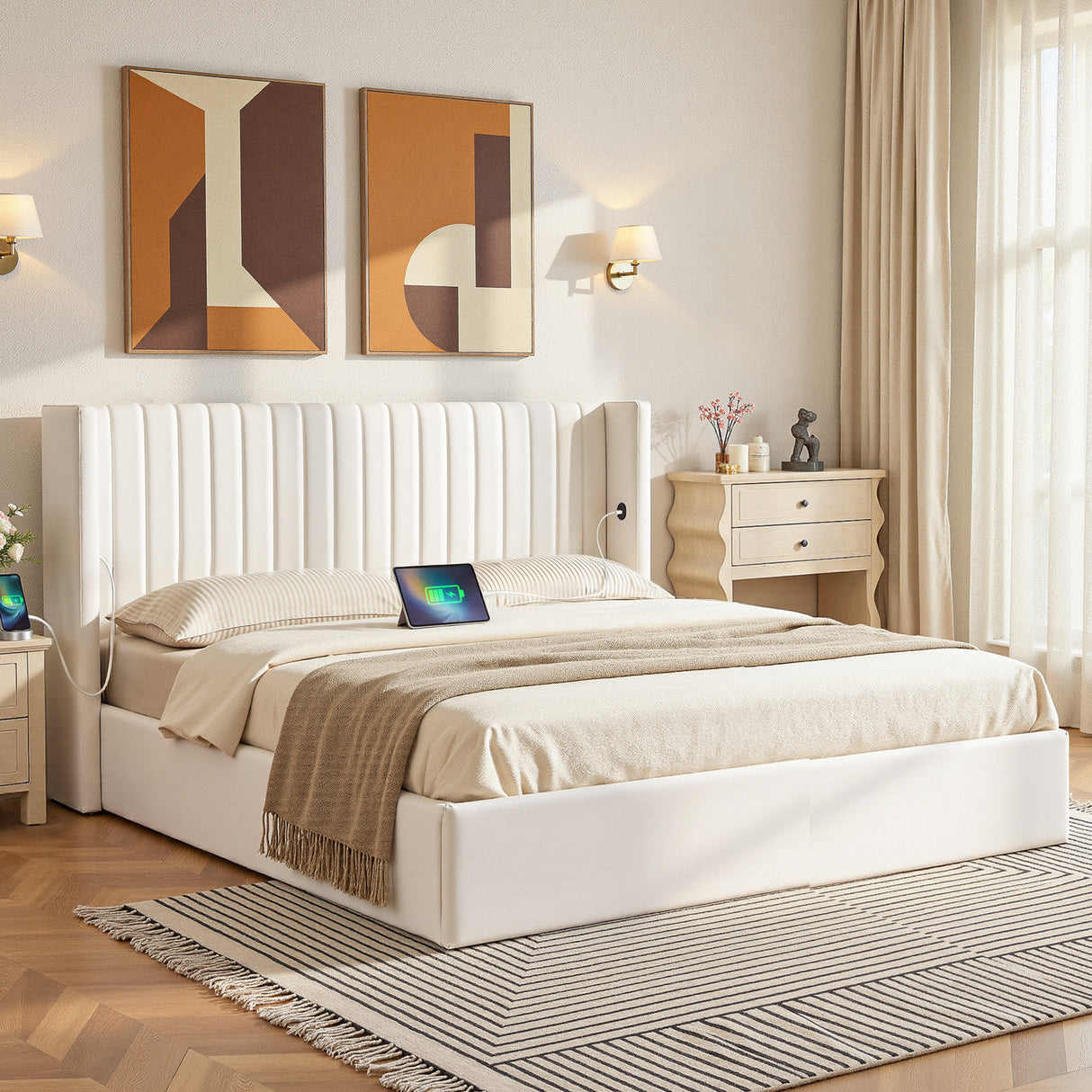 Bergamo white King bed frame in a modern bedroom