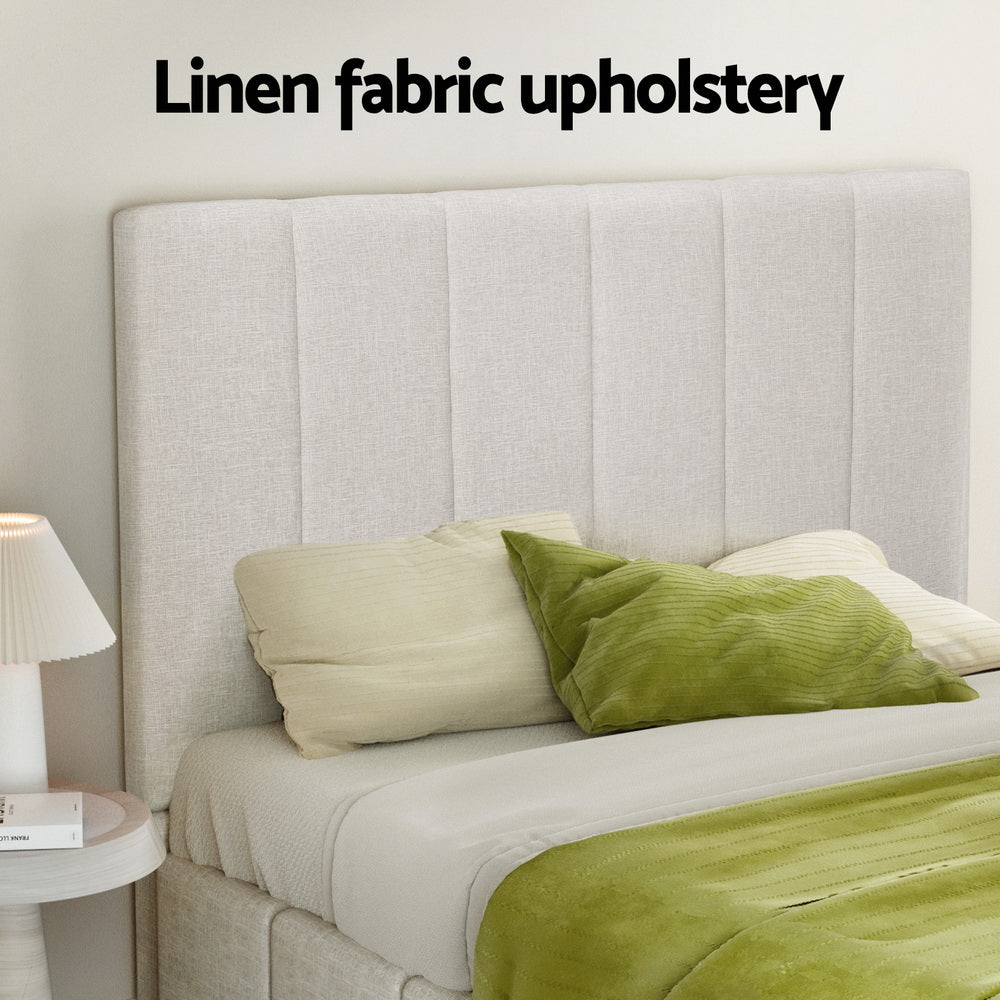 Artiss TETTE beige linen double bed frame styled in bedroom — Allure Home Collections