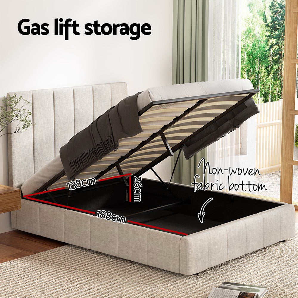 Artiss TETTE double beige linen bed frame from foot end — Allure Home Collections