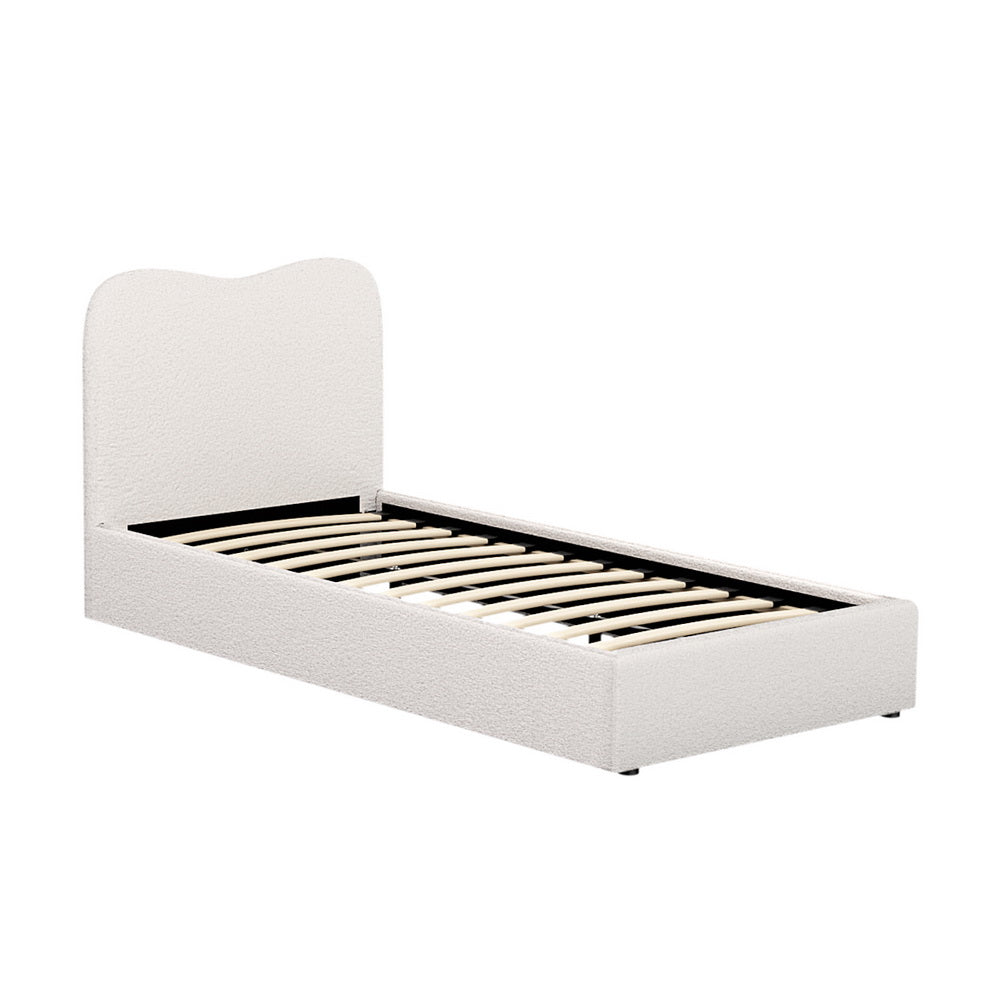 Single Bed Frame with Padded Headboard, Beige Boucle