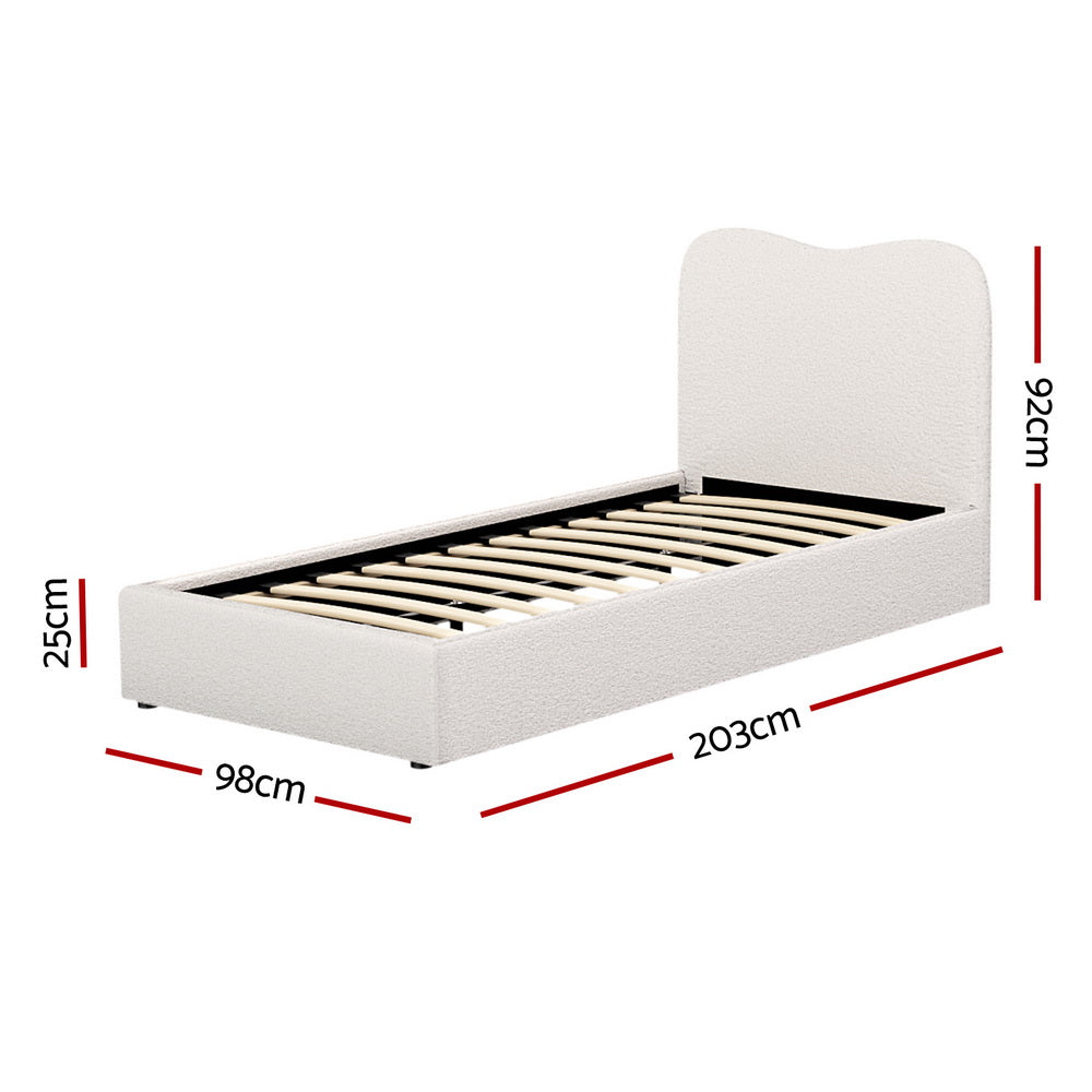 Single Bed Frame with Padded Headboard, Beige Boucle