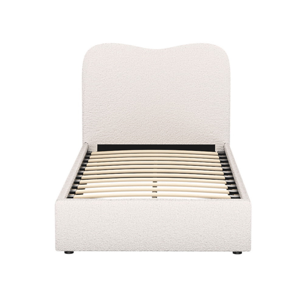 Single Bed Frame with Padded Headboard, Beige Boucle