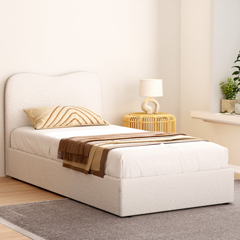Single Bed Frame with Padded Headboard, Beige Boucle