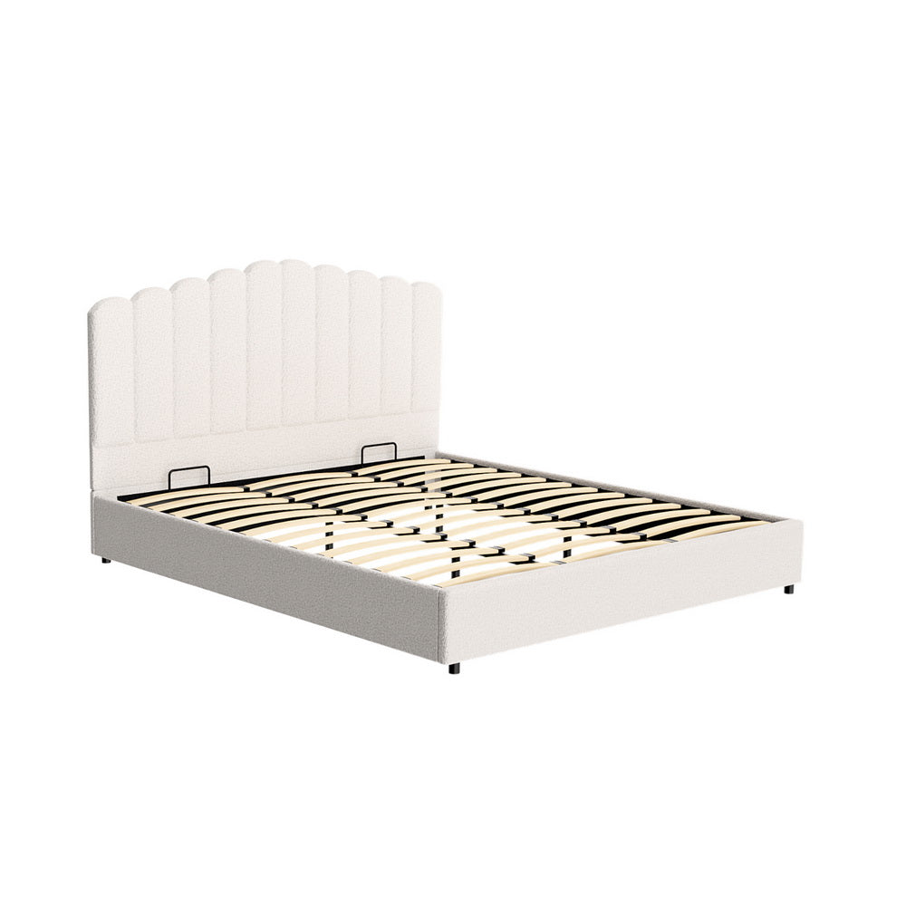 King Bed Frame with Gas Lift Storage, Beige Boucle