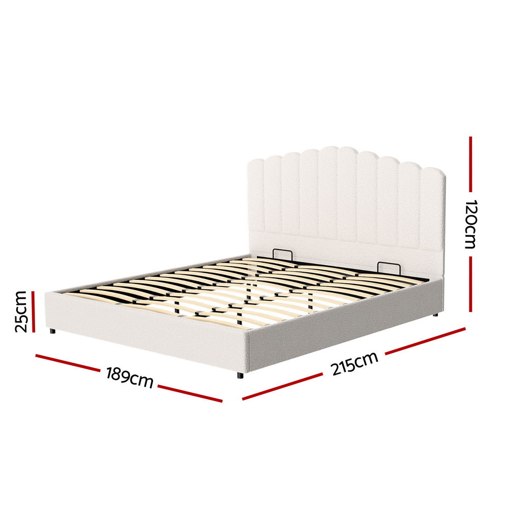 King Bed Frame with Gas Lift Storage, Beige Boucle