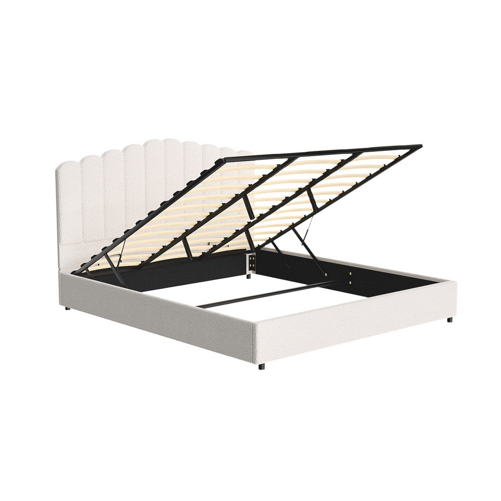 King Bed Frame with Gas Lift Storage, Beige Boucle