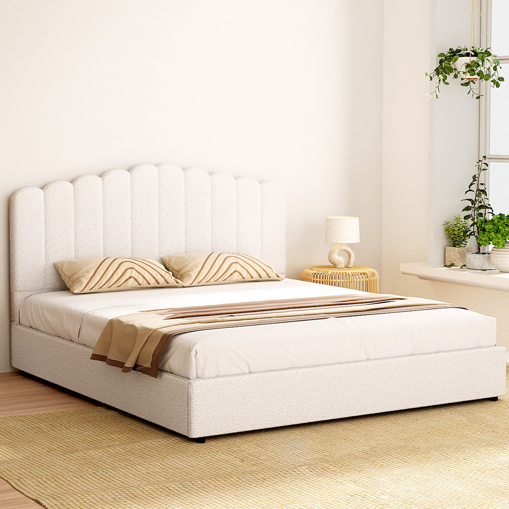 King Bed Frame with Gas Lift Storage, Beige Boucle