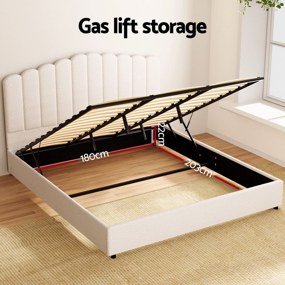 King Bed Frame with Gas Lift Storage, Beige Boucle