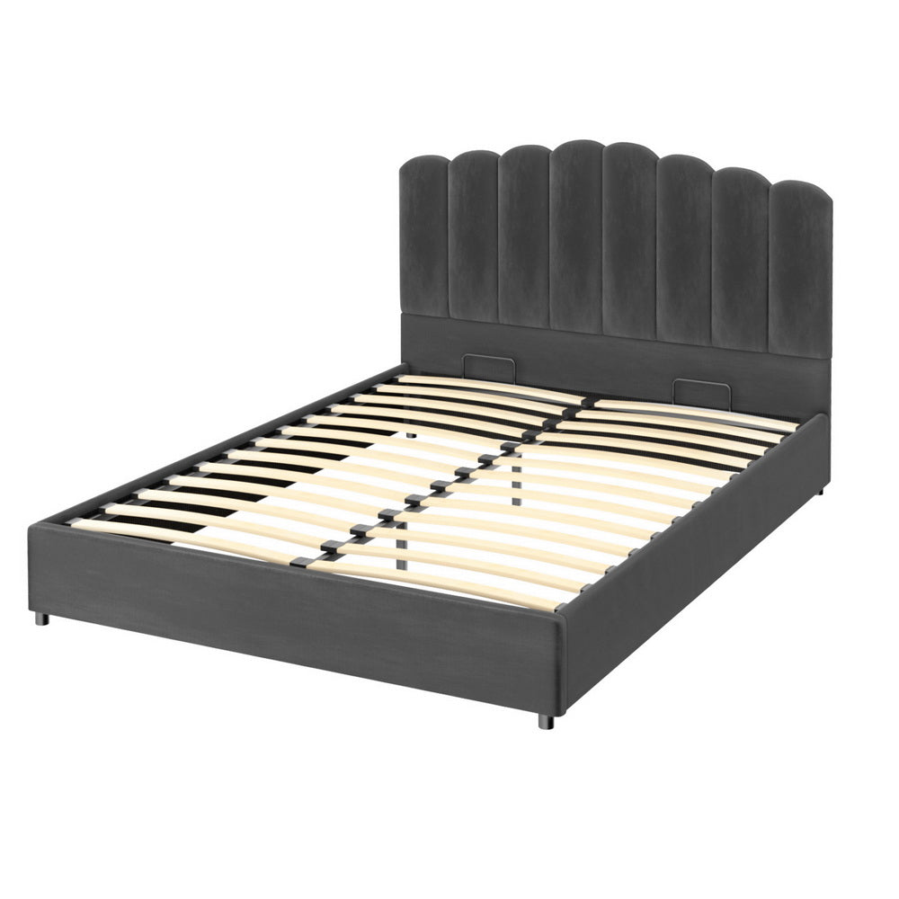 Artiss FION gas lift bed frame open showing hidden storage — Allure Home Collections