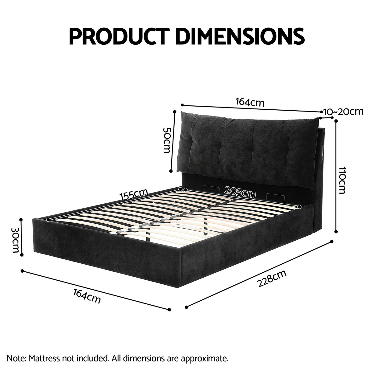 Cortona Queen Gas Lift Bed Frame, Black